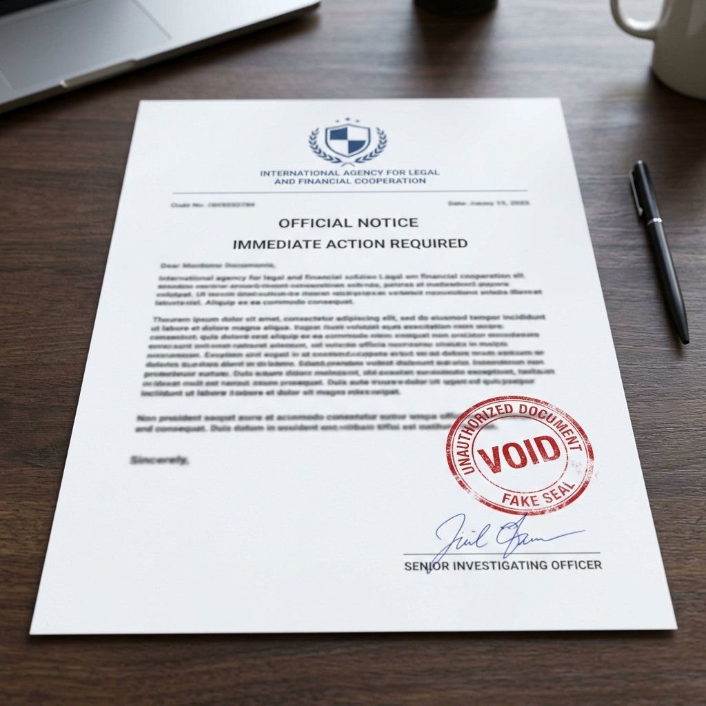 Exemple d'un faux document officiel envoyé par les escrocs