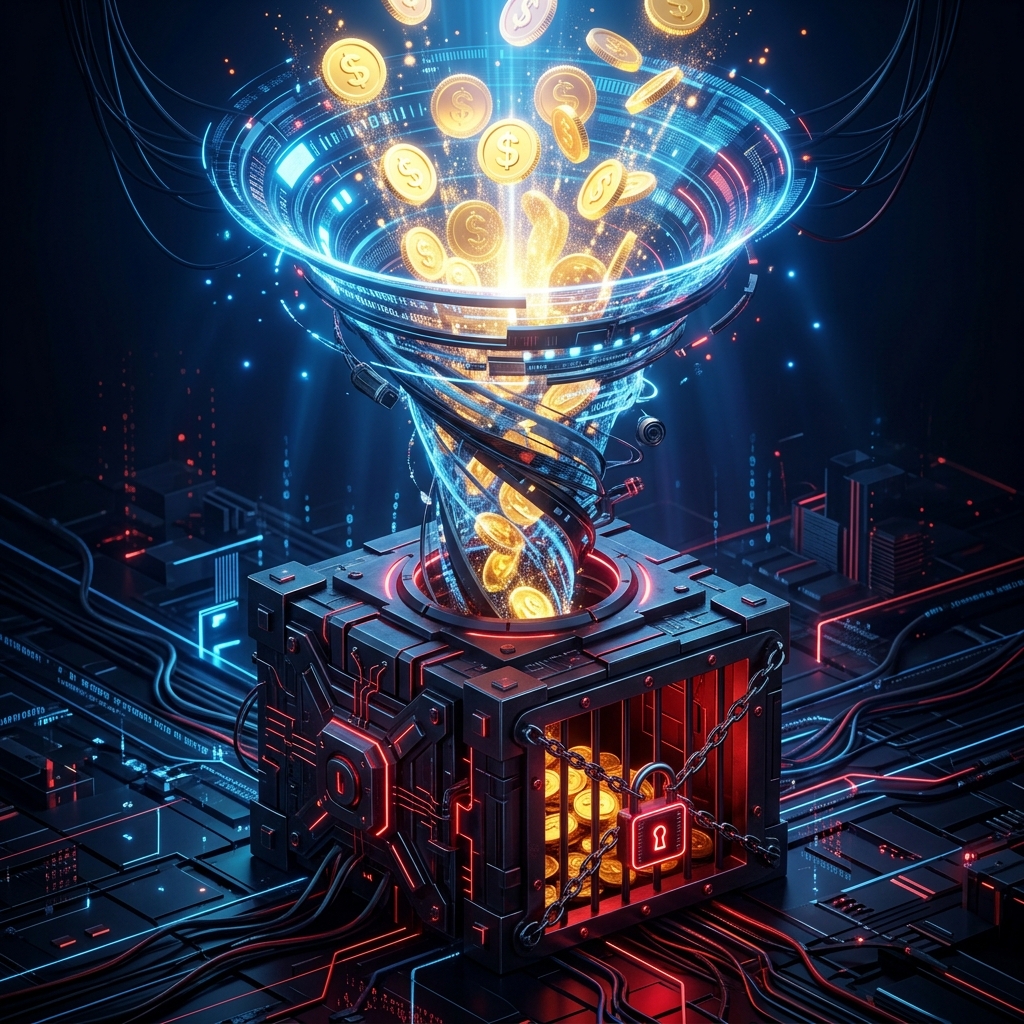 Illustration conceptuelle de l'entonnoir d'arnaque financière